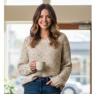 Violet Ruby Sweater Women's Size Large Beige Colorful Open Knit Pullover Travel